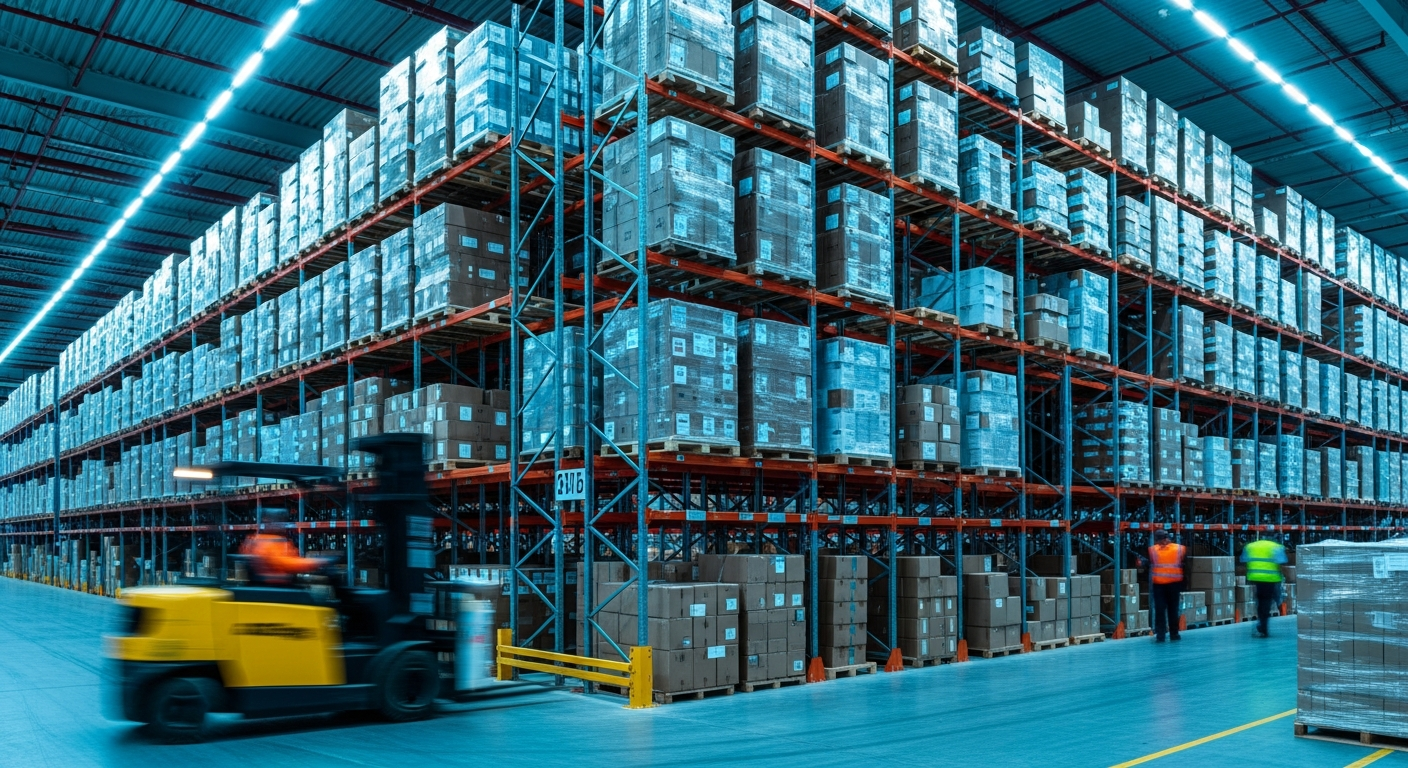 Modern automated distribution centre with high-bay racking and forklifts